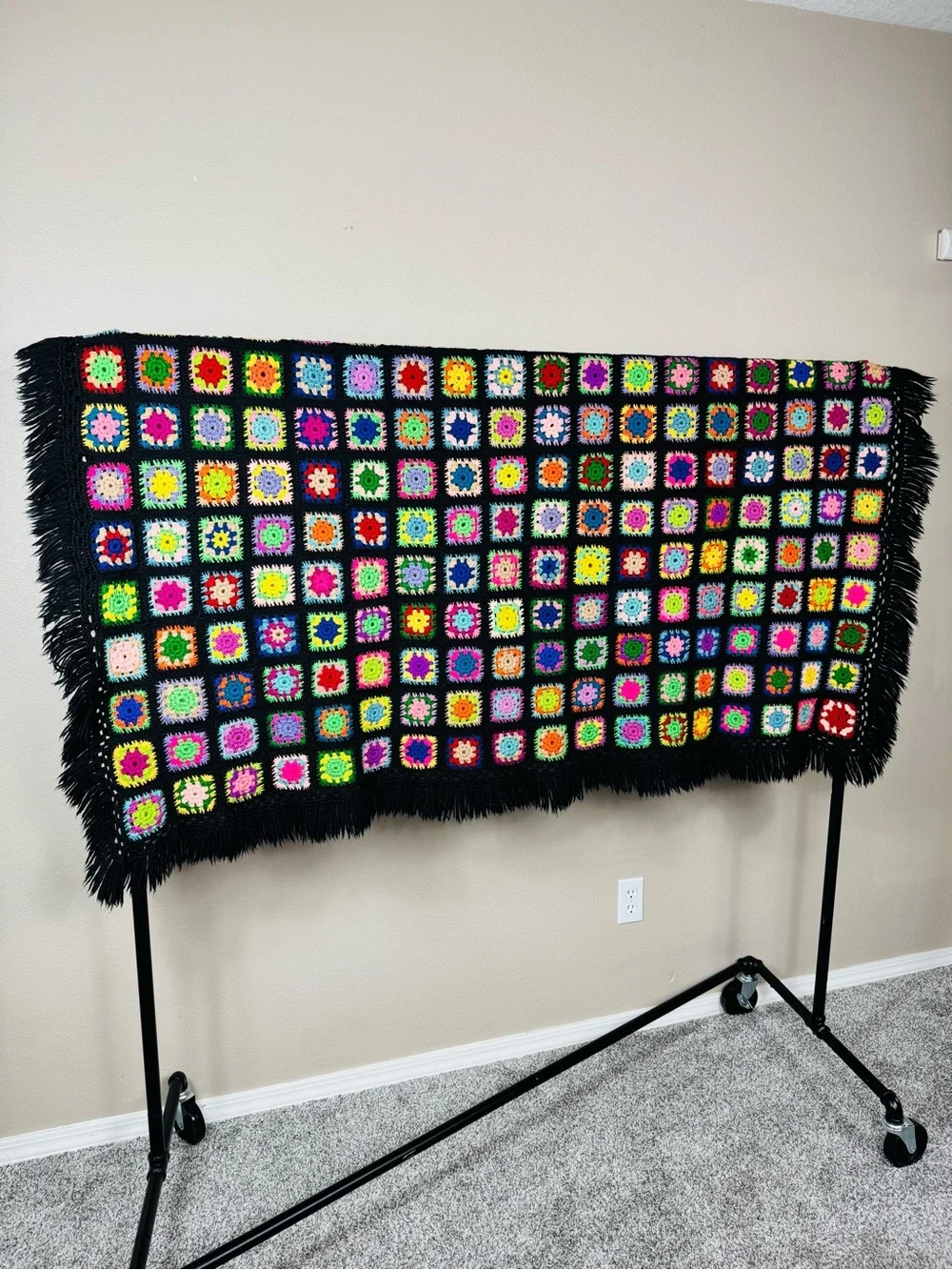Vintage Granny square blanket black multicolor wool tight weave fringe trim EUC